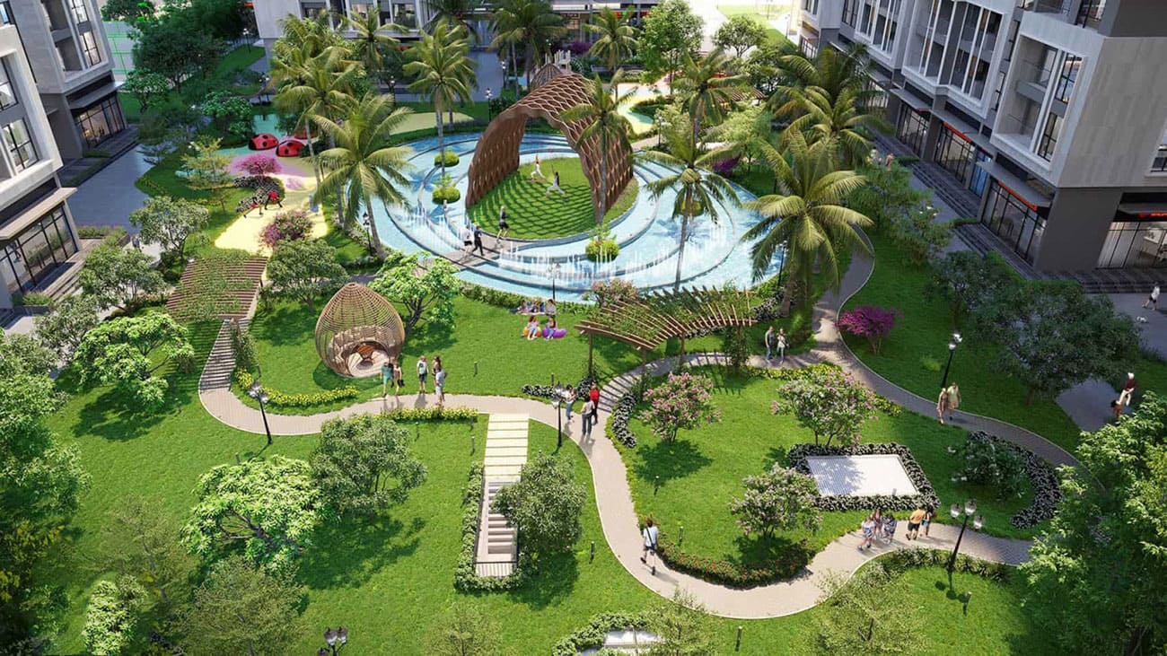 Vườn nhiệt đới Botanic Garden phủ xanh tòa P1 - The Pavilion trong khu đô thị Vinhomes Ocean Park.