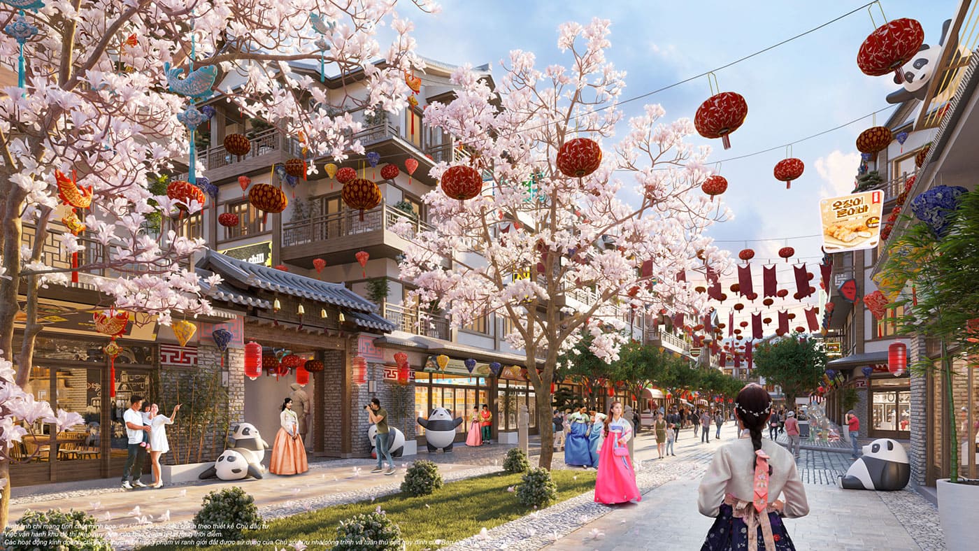 Phối cảnh phố đi bộ Hàn Quốc tại K-Town, giao thoa giữa văn hoá truyền thống và hiện đại tại xứ sở kim chi.
