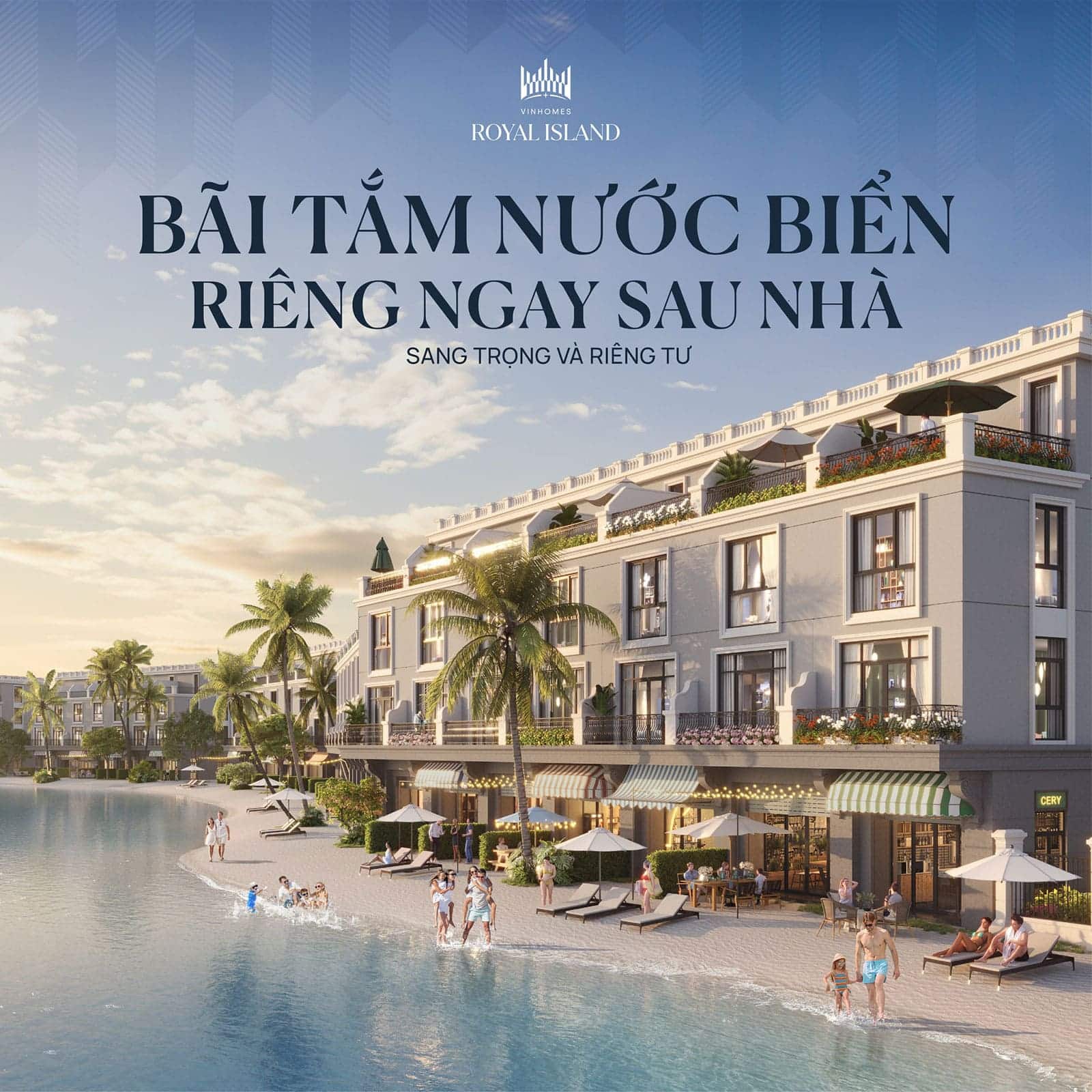 Tiện ích Bãi tắm nước biển riêng ngay sau nhà tại Vinhomes Royal Island.